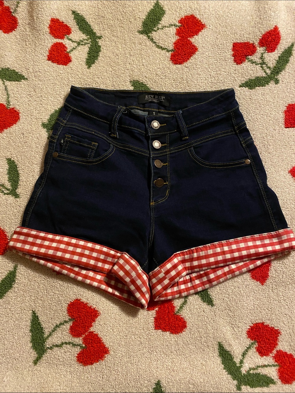 ModCloth Judy Blue High-Rise Button-Front Denim Shorts with Red Gingham Cuff